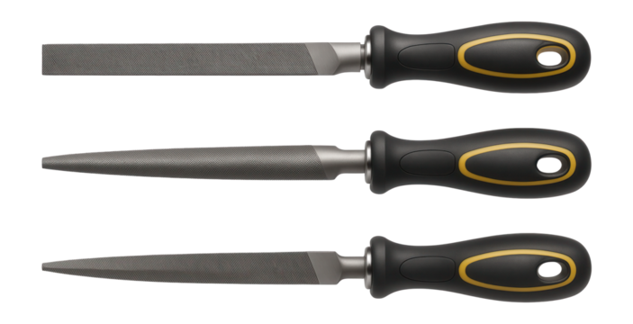 Plastic-handled file set with various shapes for a metalworking shop.