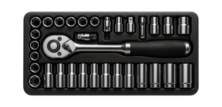 Ratchet and socket set with metric and SAE sizes for an automotive repair garage.