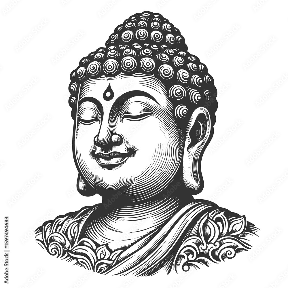 Poster smiling buddha peaceful face with closed eyes and gentle smile sketch engraving generative ai fictio