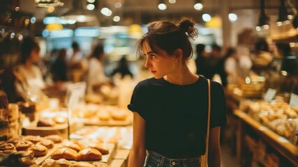 Bakery Dreamer: A woman in thought admires the baked delights of a bustling bakery, surrounded by golden-brown pastries. Focus on culinary appreciation and a relaxed, everyday moment.