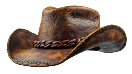 Vintage cowboy hat with deep brown hues and structured brim plus decorative braid for western themes on transparent background