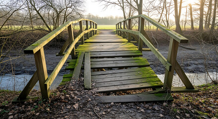 Fototapeta premium A weathered wooden footbridge with broken planks and green moss, suggesting the passage of time in a tranquil forest setting.