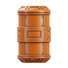 A rugged orange futuristic container with intricate details stands ready for industrial or scientific use.