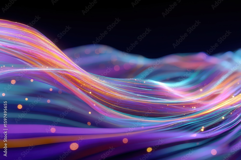 Poster flowing, colorful abstract lines with light sparkles for digital background use