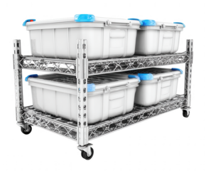 Chrome wire shelving unit with four white storage bins isolated on transparent background