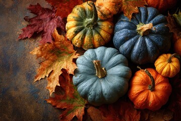Colorful assortment of pumpkins and vibrant autumn leaves gathered together in a warm rustic setting during the fall season