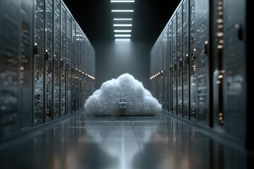 Cybersecurity solutions enhancing protection using cloud technology surrounded by server systems in a modern data center environment