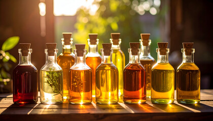 A collection of glass bottles filled with various colorful oils, illuminated by sunlight.