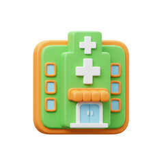 Fototapeta premium A vibrant rendered medical facility icon featuring a welcoming entrance and prominent cross symbols