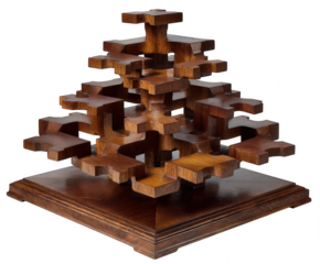 Intricate wooden geometric puzzle sculpture on a square base isolated on transparent background