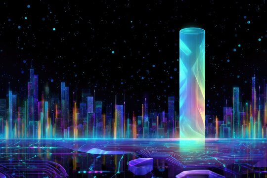 Futuristic city skyline with glowing cylindrical structure - Powered by Adobe