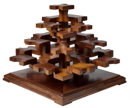 Intricate wooden geometric puzzle sculpture on a square base isolated on transparent background