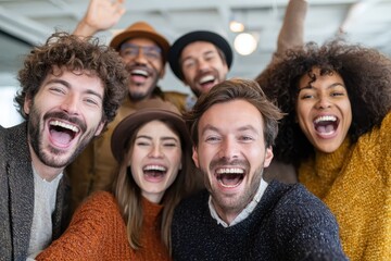 Group of friends celebrating joyfully in a modern indoor setting with warm smiles and lively expressions, showing camaraderie and happiness together