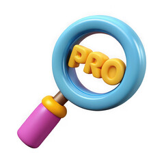 3d magnifying glass with yellow pro text isolated on transparent background