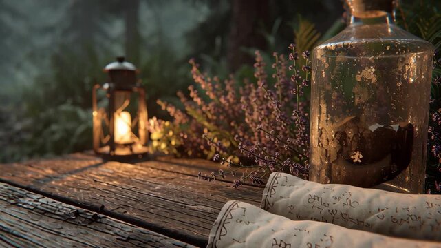 Enchanted ritual with ancient scrolls and potion bottles on rustic wooden table near glowing lantern in forest setting