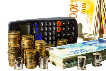 Money. Columns with coins, banknotes in denominations of 100 and 200 and a calculator. All money is new Israeli shekels. on a transparent background.