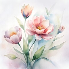 bouquet of pink tulips watercolor painting white background