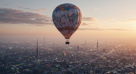 A hot air balloon made of charts floating over a digital city