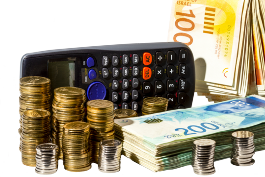 Money. Columns with coins, banknotes in denominations of 100 and 200 and a calculator. All money is new Israeli shekels. on a transparent background.
