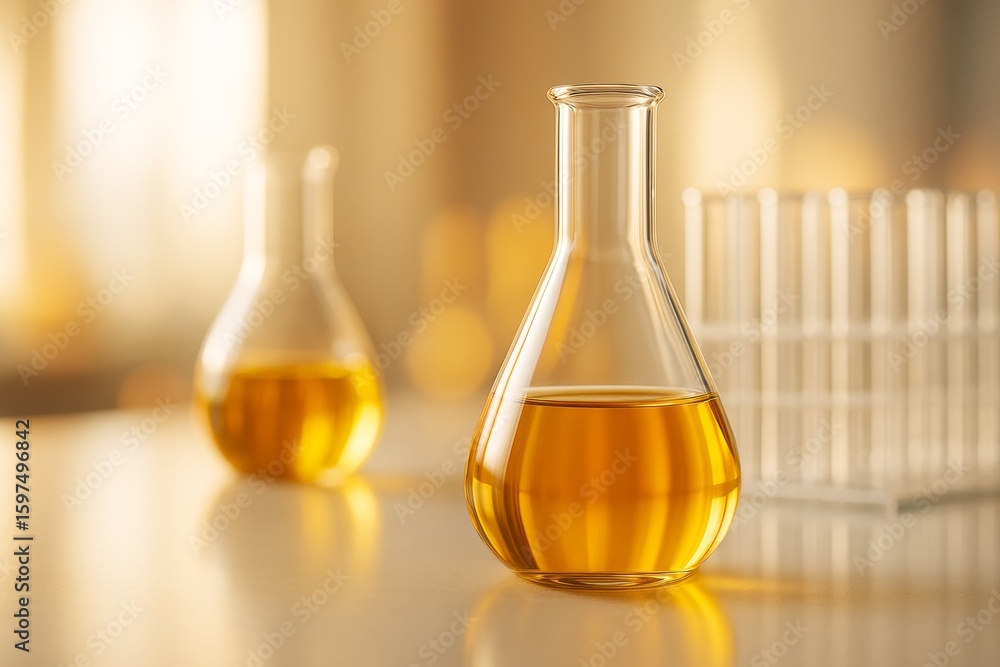 Poster laboratory glass flasks with golden liquid on reflective surface in warm light, abstract science con