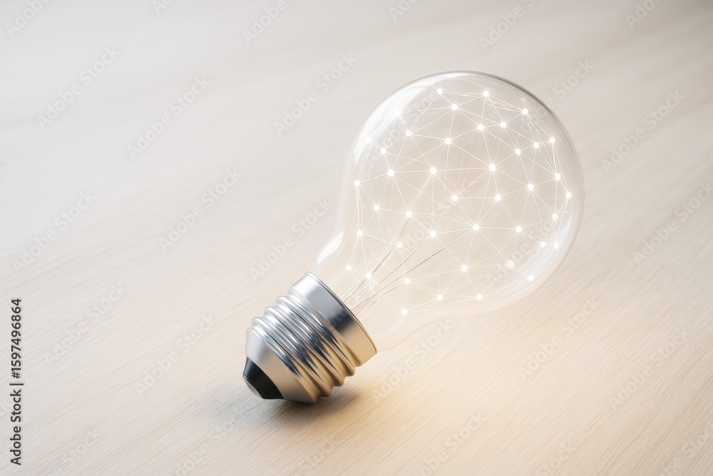 Poster abstract glowing light bulb with connected neural network dots on wooden surface background symboliz