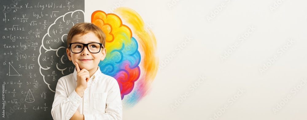 Poster smart kid with glasses thinking in front of chalkboard with math formulas and colorful brain sketch 