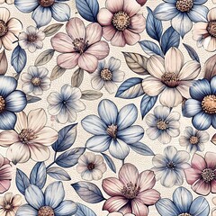 Seamless flower fabric texture flower drawing illustration pink and blue flower