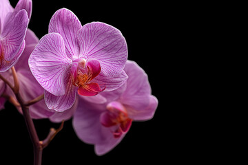 Fototapeta premium Elegant Pink Orchid on Black Background – Exotic Flower Close-Up with Intricate Petal Details