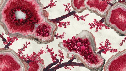 Red agate slices, crystal clusters, and cherry blossom branches on a light beige background