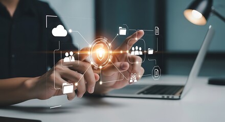 Person interacting with a digital interface displaying business and technology icons