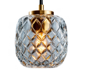 Elegant textured glass pendant light fixture with brass accents isolated on transparent background