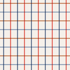 Blue, orange, red, gray lines on beige tartan seamless pattern background. Vector