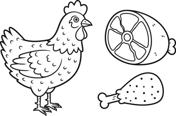 Doodle style chicken with leg and meat cut, black and white line art
