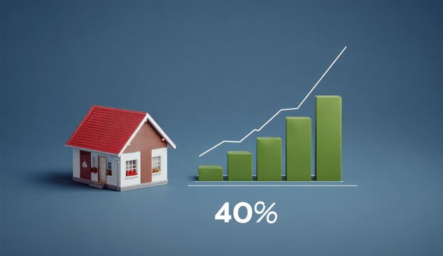 Miniature house beside a graph showing a 40% increase
