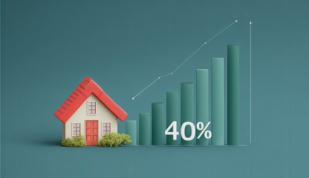 3D model of a house next to a graph showing a positive trend - Powered by Adobe