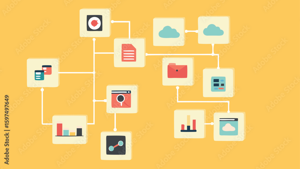 Poster illustration showing a flowchart with various icons representing data and cloud connections overall 
