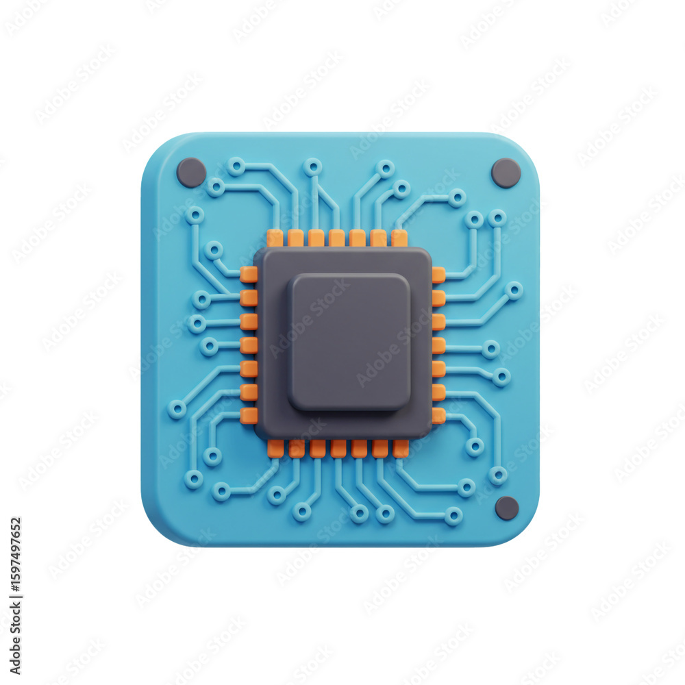 Fototapete a vibrant rendered computer chip featuring a central processing unit with intricate circuit pathways