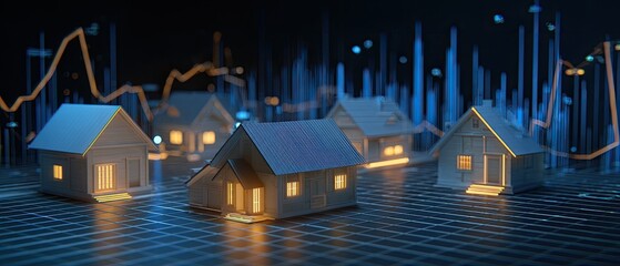 Digital model of houses on a grid, with financial data overlaid