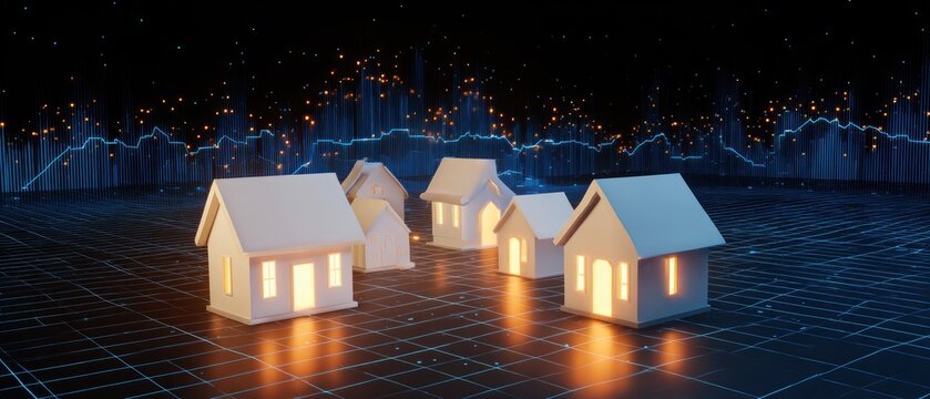 Illuminated miniature houses on a digital grid background