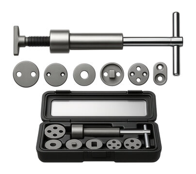 Brake caliper wind back tool set with various adapters for brake maintenance.