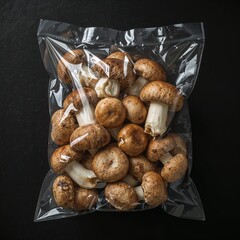 vacuum-packed champignon mushroom on a dark background
