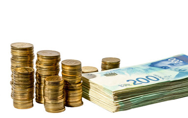 Money. Columns with coins, a pack of bills in denominations of 200 All money is new Israeli shekels on a transparent background.