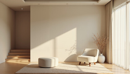 Minimalist interior design with a cozy armchair and soft lighting in a neutral color palette