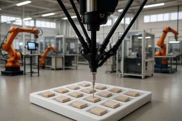 Robotic arm precisely placing items in a tray in a modern factory setting