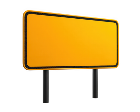 Yellow blank metal street sign with black border, isolated on transparency background, rectangular shape, empty space for text, urban object, modern design, suitable for road or traffic use