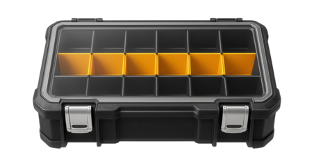 Plastic utility box with modular dividers for organizing tools in a garden shed.