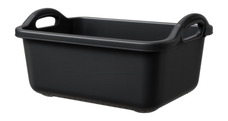 High-capacity plastic tote with ergonomic handles for transporting laundry in a residential building.