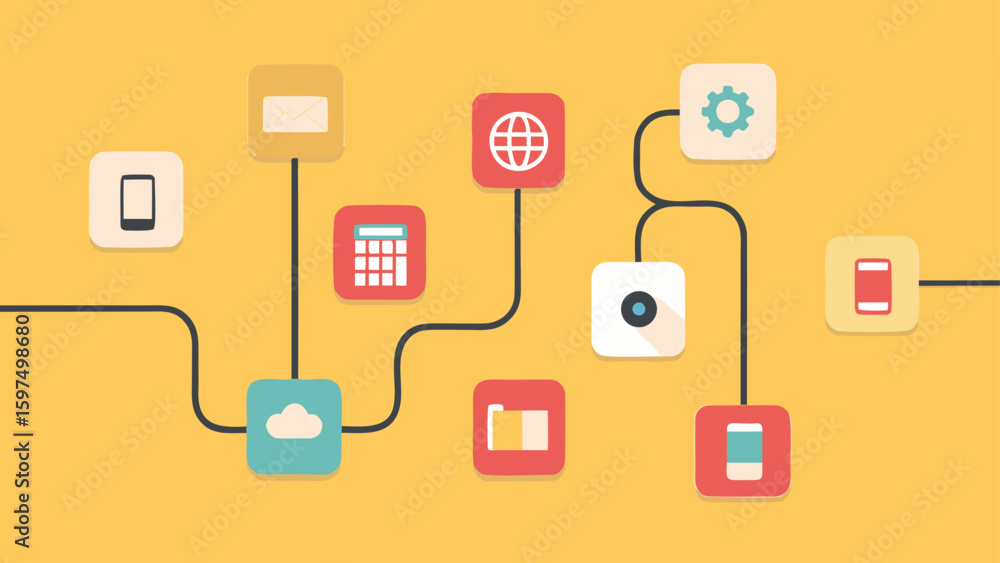 Poster illustration of connected application icons on a yellow background with black lines and rounded squa