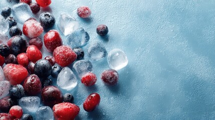 Frozen berries and ice cubes on blue background