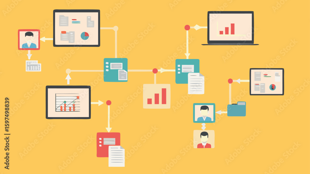 Poster illustration of a data flow diagram with charts, documents, and user icons on a yellow background sc